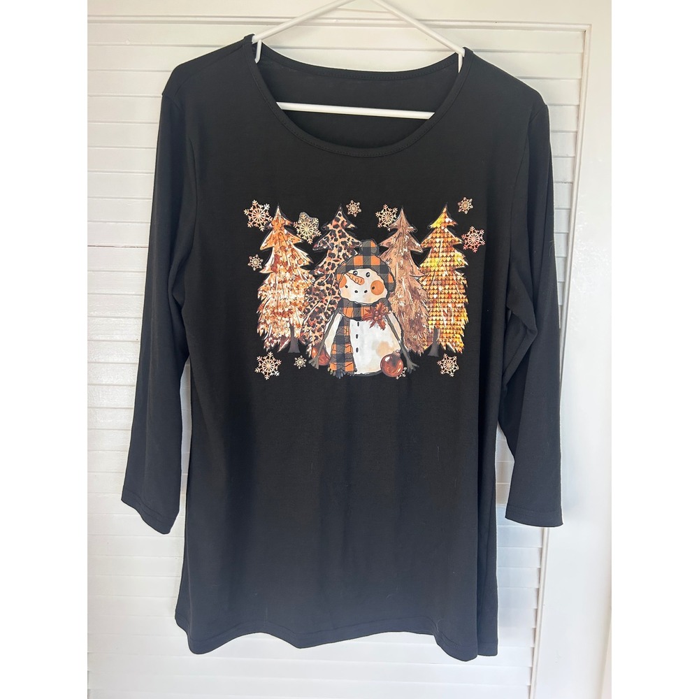 Winter Snowman Graphic Long Sleeve Top Black Plaid Leopard Trees Large